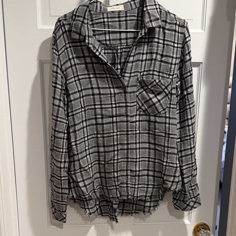Bella Dahl, Cozy Flannel, Gray and Black Checkered high/low shirt